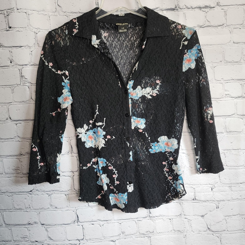 L Vintage Y2K Guess Jeans Blouse, Black Floral 3/4 Sleeve Button Up Collared Top